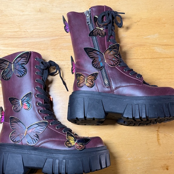 Dolls Kill Shoes - Dolls Kill/Current Mood  Burgundy Butterfly Lace-Up Boots size 5 in Women’s